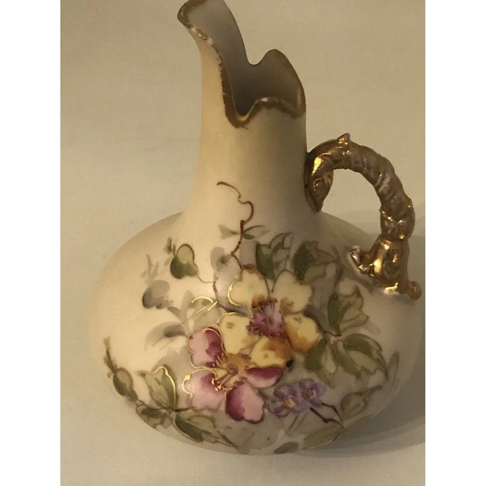 Antique Art Nouveau Ewer Austria Pink Floral Pitcher 5 1/4”h gold Handle